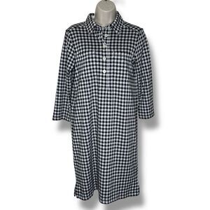 Lands End Black White Gingham Popover Shift Shirt Dress Women Small 3/4 Sleeve